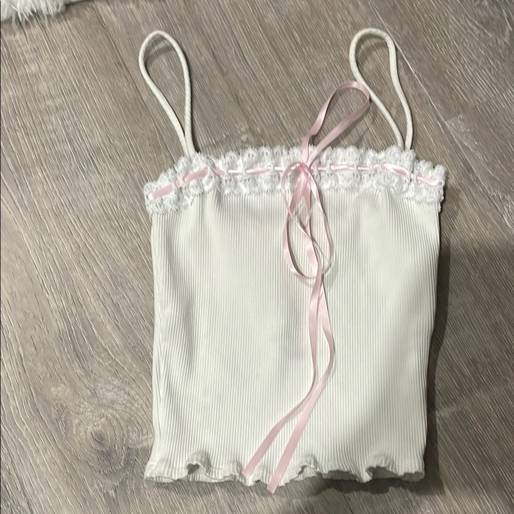 White and Pink Lace Trim Cami Top
